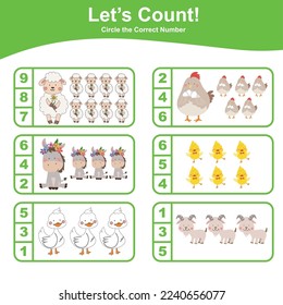 Let’s count together the cute farm animals and circle the correct number. Basic math worksheet for kids. Activity page for toddlers. Kawai vector illustration. 
Donkey, sheep, hen, duck, goat, chick