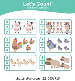 Let’s count together the cute farm animals and circle the correct number. Basic math worksheet for kids. Activity page for toddlers. Kawai vector illustration. Cow, rooster, pigeon, horse, and buffalo