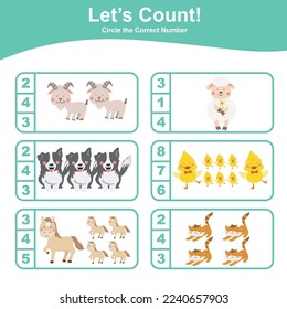 Let’s count together the cute farm animals and circle the correct number. Basic math worksheet for kids. Activity page for toddlers. Kawai vector illustration. goat, dog, cat, horse, chick, sheep