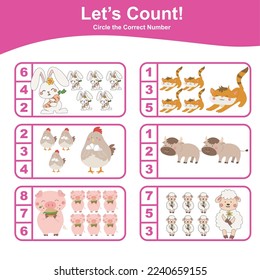 Let’s count together the cute farm animals and circle the correct number. Basic math worksheet for kids. Activity page for toddlers. Kawai vector illustration. Cute rabbit, sheep, cat, pig, buffalo,