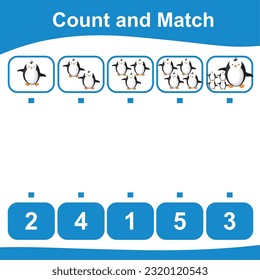 Count together the penguin and match with the number. Count the sea life and match with numbers. Count and match math worksheet. Math game for children. Vector illustration file.