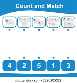 Contar juntos el oso polar y coincidir con el número. Cuenta la vida marina y concuerda con los números. Cuenta y coincide con la hoja de cálculo matemática. Juego de matemáticas para niños. Archivo de ilustración del vector.