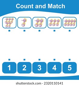 Count together the seahorse and match with the number. Count the sea life and match with numbers. Count and match math worksheet. Math game for children. Vector illustration file.