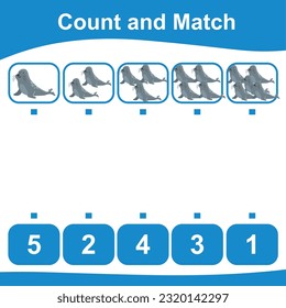 Count together the seal and match with the number. Count the sea life and match with numbers. Count and match math worksheet. Math game for children. Vector illustration file.