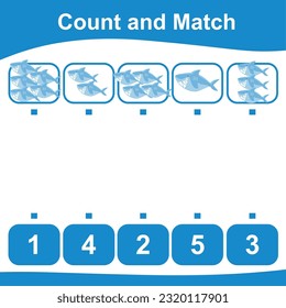 Count together the sharks and match with the number. Count the sea life and match with numbers. Count and match math worksheet. Math game for children. Vector illustration file.
