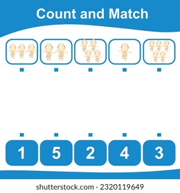Count together the squid and match with the number. Count the sea life and match with numbers. Count and match math worksheet. Math game for children. Vector illustration file.
