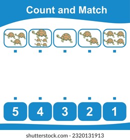 Count together the turtle and match with the number. Count the sea life and match with numbers. Count and match math worksheet. Math game for children. Vector illustration file.