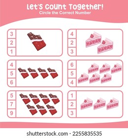 Let’s count together worksheet. Educational printable math worksheet. Math game for children. Vector illustration.