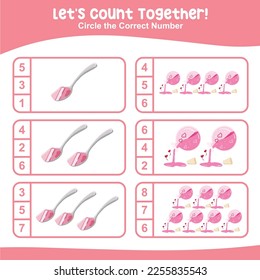 Let’s count together worksheet. Educational printable math worksheet. Math game for children. Vector illustration.
