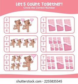 Let’s count together worksheet. Educational printable math worksheet. Math game for children. Vector illustration.