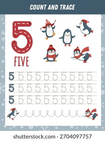 Count and trace number five. Tracing worksheet wiht cute penguin for kids. Math for preschool kids. Handwriting practice. Learning numbers, activity page. Vector illustration