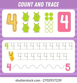 Count and trace number four. Tracing worksheet wiht cute monster for kids. Math for preschool kids. Handwriting practice. Learning numbers, activity page. Vector illustration