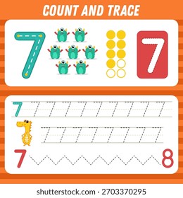 Conte e rastreie o número sete. Planilha de rastreamento com monstro bonito para crianças. Matemática para crianças em idade pré-escolar. Prática de caligrafia. Números de aprendizado, página de atividade. Ilustração vetorial