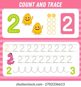 Count and trace number two. Tracing worksheet wiht cute monster for kids. Math for preschool kids. Handwriting practice. Learning numbers, activity page. Vector illustration