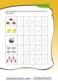 Count and trace number worksheet for kids. Counting 0 to 5, Numbers learning activity.  Counting and writing numbers, Numbers tracing worksheet, mathematics
