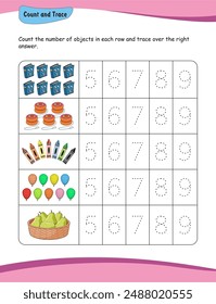 Count and trace number worksheet for kids. Counting 5 to 9, Numbers learning activity. Counting and writing numbers, Numbers tracing worksheet, mathematics