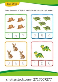Hoja de cálculo de número de recuento y rastreo para niños. Contando del 1 al 9, actividad de aprendizaje de números.  Contar y escribir números, Hoja de cálculo de seguimiento de números, matemáticas