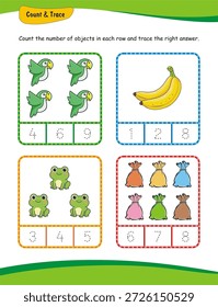 Arbeitsblatt für die Anzahl und die Ablaufverfolgungsnummer von Kindern. Zählen 1 bis 9, Zahlen Lernaktivität.  Zählen und Schreiben von Zahlen, Numbers Tracing Arbeitsblatt, Mathematik