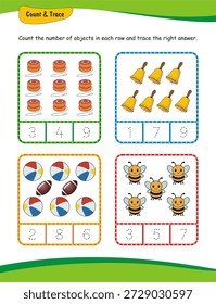 Arbeitsblatt für die Anzahl und die Ablaufverfolgungsnummer von Kindern. Zählen 1 bis 9, Zahlen Lernaktivität.  Zählen und Schreiben von Zahlen, Numbers Tracing Arbeitsblatt, Mathematik
