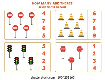 Count traffic signs and circle the correct answers. Math game for kids.