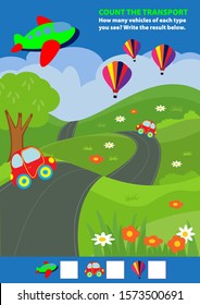 Count the transport. Vector image. Educational card