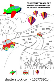 Count the transport. Vector image. Outline. Educational card