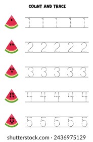 Count watermelon seeds and trace numbers. Educational worksheet for kids.