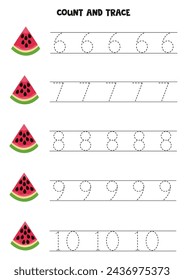 Count watermelon seeds and trace numbers. Educational worksheet for kids.