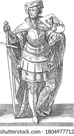 Count William I Of Holland, Full-length, With Sword, Dagger And The Weapon Of A Climbing Lion. At The Bottom Remnants Of The Old Numbering 4, Vintage Engraving.