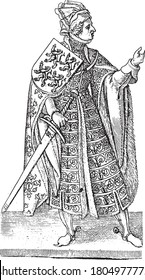 Count William III the Good turned right and full-length, with sword. On his coat of arms four climbing lions, vintage engraving.