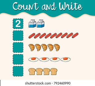 Count and write with different types of food illustration