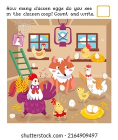 Count and write. Educational game for children. Funny family of rooster and hen with fox in chicken coop. Vector color illustration.