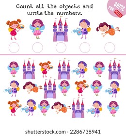 Count and write. Game for children. Cute fairies with wings and castle with towers. Isolated funny characters, set, collection on white background. Vector illustration for design.