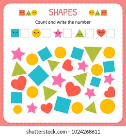 Count And Write The Number. Learn Shapes And Geometric Figures. Preschool Or Kindergarten Worksheet. Vector Illustration