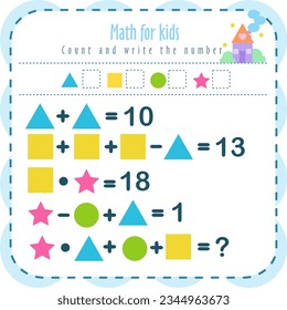 Count and write the number. Learn shapes and geometric figures. Preschool or kindergarten math worksheet. Vector illustration