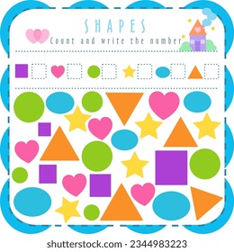 Count and write the number. Learn shapes and geometric figures. Preschool or kindergarten worksheet. Vector illustration