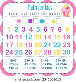 Count and write the number. Learn shapes and geometric figures. Preschool or kindergarten math worksheet. Vector illustration