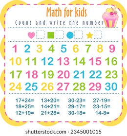 Count and write the number. Learn shapes and geometric figures. Preschool or kindergarten math worksheet. Vector illustration