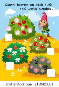 Count and write number. Math game for children. Cartoon character landscape picture. Vector illustration. 