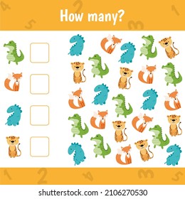 Count and write the number. Preschool or kindergarten worksheet. Vector illustration. Animals