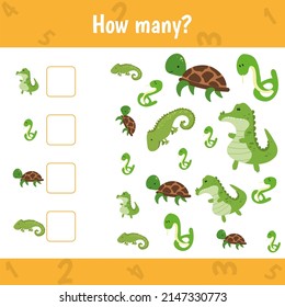 Count and write the number. Preschool or kindergarten worksheet. Vector illustration. Animals