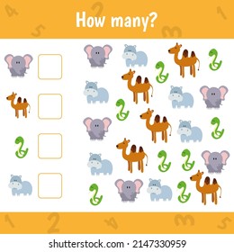 Count and write the number. Preschool or kindergarten worksheet. Vector illustration. Animals