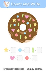 Count and write the number of shapes of sprinkles for children. Printable educational worksheet with illustration of doughnut and sprinkles on a white background.
