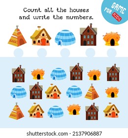 Count and write numbers. Game for children. How many houses do you see here? Math worksheet for kids. Vector color illustration.