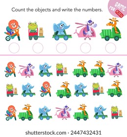 Count and write numbers. Puzzle game for children. Animals in zoo. Cartoon characters. Funny lion, frog, elephant, horse. Vector illustration.