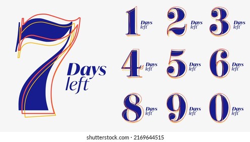 Countdown from 0 to 9 days left label set for sale or retail. Discount promotion badge with number of count down time vector illustration isolated on white background