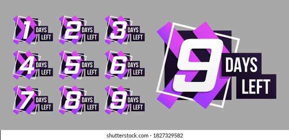 Cuenta regresiva de 1 a 10, días de etiqueta o emblema izquierdo se pueden usar para promoción, venta, página de inicio, plantilla, ui, web, aplicación móvil, afiche, banner, volante. Conjunto de número de tiempo de cuenta atrás. Ilustración del vector