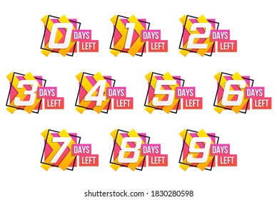 Countdown 1 to 10, days left label or emblem can be used for promotion, sale, landing page, template, ui, web, mobile app, poster, banner, flyer. Set of number time left countdown. Vector illustration