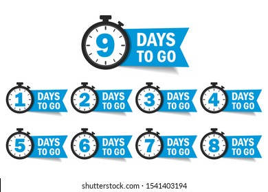 Countdown 1, 2, 3, 4, 5, 6, 7, 8, 9, Days Left Label Or Emblem Set. Day Left Counter Icon With Clock For Sale Promotion, Promo Offer. Flat Badge With Number Of Count Down Time. Vector Isolated