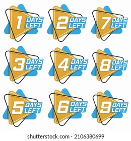 Countdown 1, 2, 3, 4, 5, 6, 7, 8, 9, days left label or emblem set for sale or retail. Promotional banners. Collection badges sale, landing page. Flat badge with number of count down time. Vector.